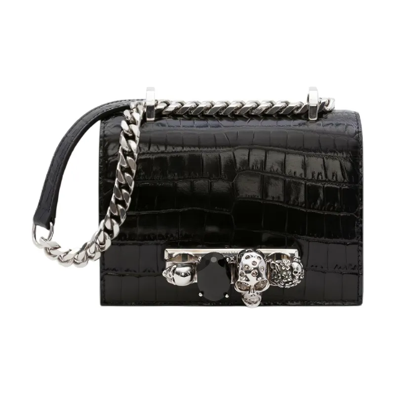 Alexander McQueen Crocodile Embossed Calfskin Handheld Shoulder Bag, Crossbody Bag Mini Women's Black-0