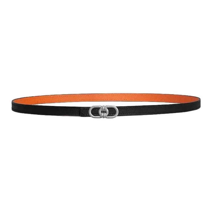 HERMES Calfskin Leather Belts Women's Black/Orange Width 1.3CM-1
