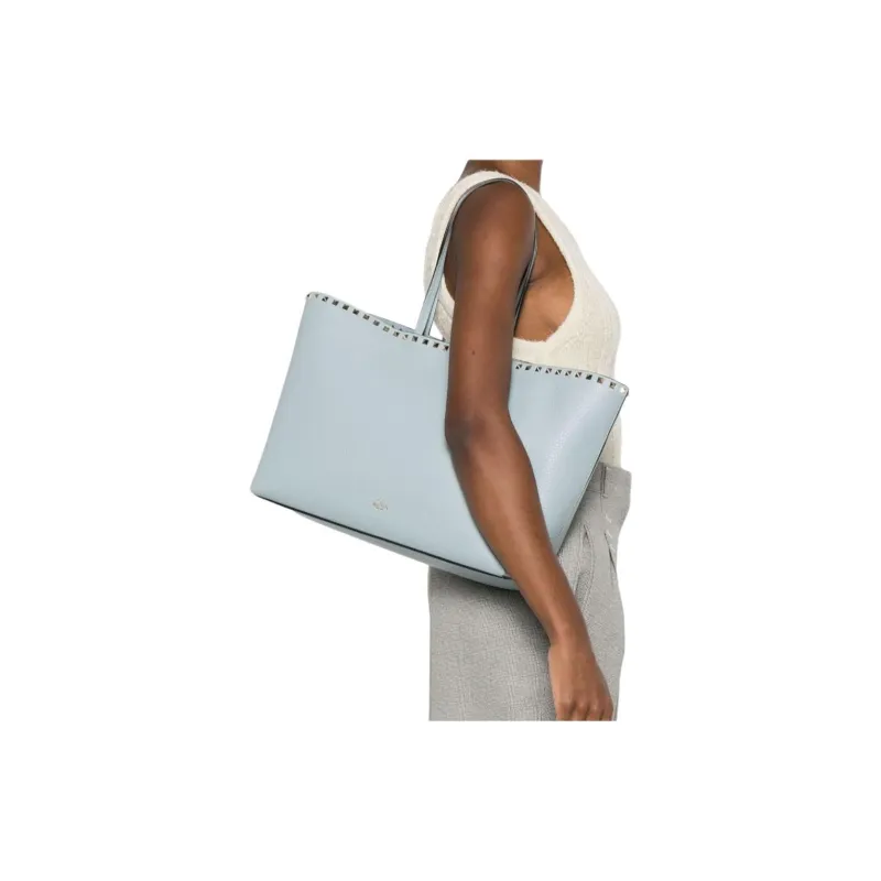 Valentino Rockstud Grain Calfskin Tote Bag, Shopping Bag, Shoulder Bag Women's Light Blue-4