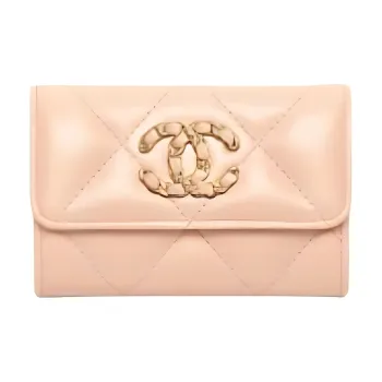 CHANEL Smooth Finish Lambskin Card Holder Women's Beige
