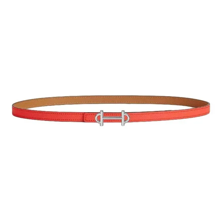 HERMES Palladium Plated Leather Belts Women's Brown Red Width 1.3CM-1