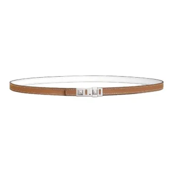 HERMES Calfskin, Palladium Plated Metal Leather Belts Women's Brown Width 1.3CM