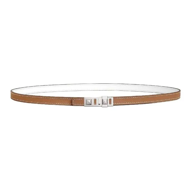 HERMES Calfskin, Palladium Plated Metal Leather Belts Women's Brown Width 1.3CM-0