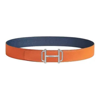 HERMES Metal, Calfskin, Palladium Plated Leather Belts Men's Orange 3.8CM