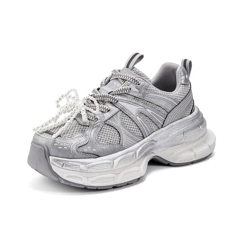 EXULL Q Slip Resistant, Breathable, Lightweight, Height Increasing Low Top Chunky Sneakers Women's White Silver-1