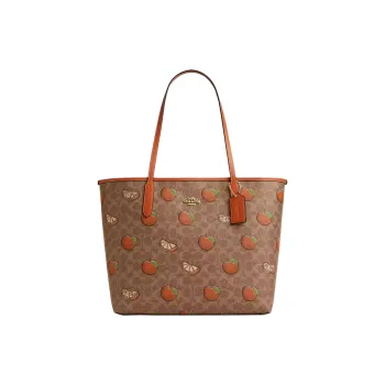 COACH City Coated Canvas Tote Bag, Shopping Bag, Shoulder Bag, Handbag Tubas Women's Gold With Bronze