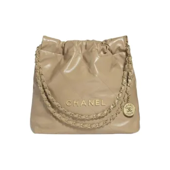 CHANEL 22Bag Shiny Calfskin Tote Bag Shopping Bag Handbag Shoulder Bag Crossbody Bag Small Size Women's Beige