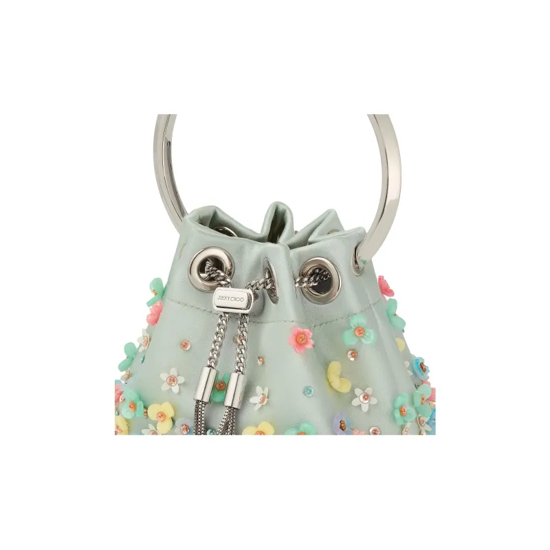 Jimmy Choo Micro Bon Satin Bucket Bag, One Shoulder Handbag Extra Mini Women's Light Green & Multicolor-4