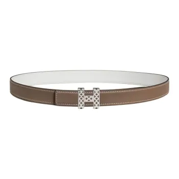 HERMES Calfskin Leather Belts Women's Taupe/White Width 2.4CM