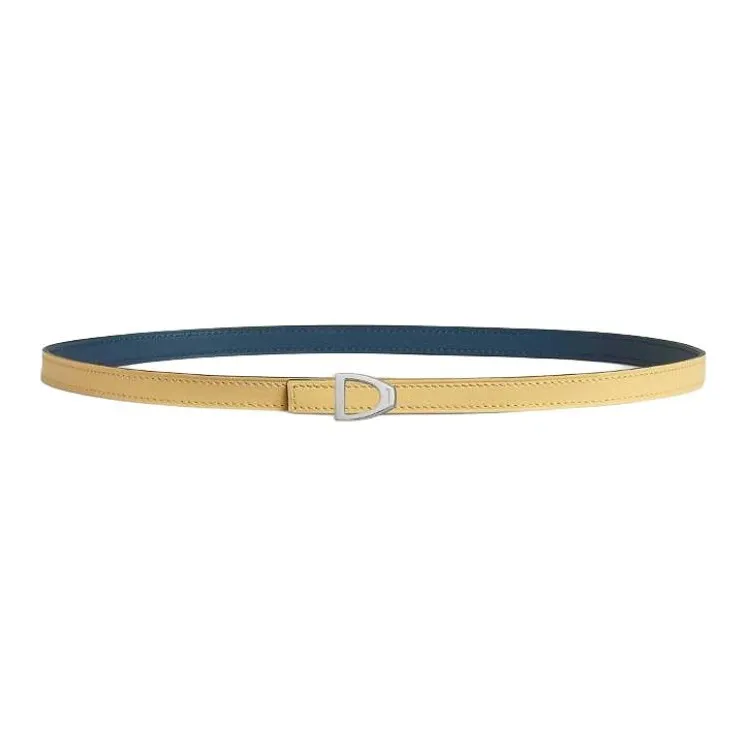 HERMES Calfskin, Palladium Plated Metal Leather Belts Women's Yellow Width 1.3CM-0