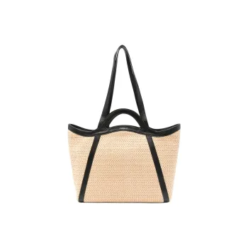 COCCINELLE Raffia With Calfskin Tote Bag, Shopping Bag, Shoulder Bag, Handbag Women's Beige & Black