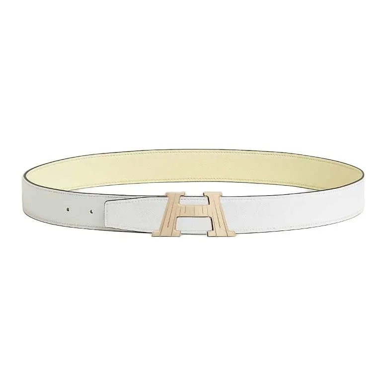 HERMES Calfskin Leather Belts Men's Yellow/White Width 3.2CM-1