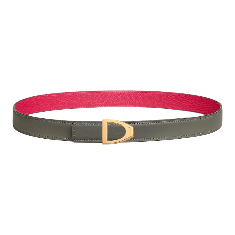 HERMES Calfskin Leather Belts Women's Rose Red/Gray Width 2.4CM-1