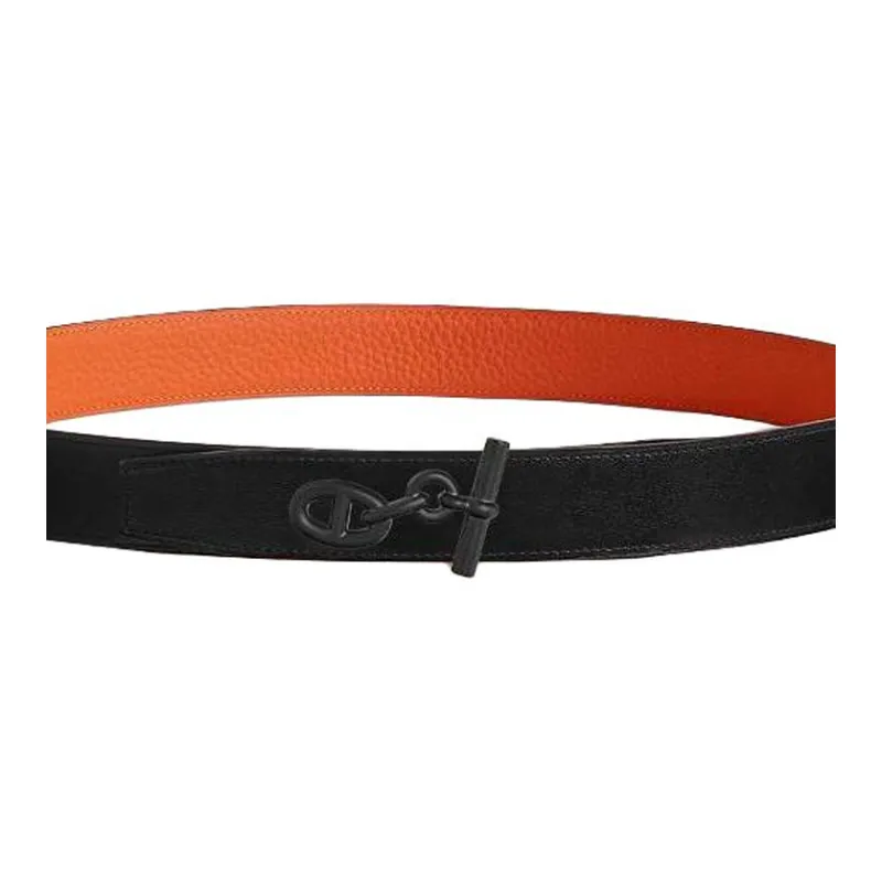 HERMES Calfskin Leather Belts Men's Black Orange Width 3.2CM-2