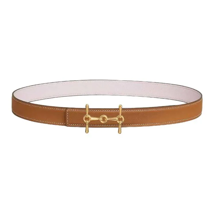 HERMES Calfskin, Gold Plated Metal Leather Belts Women's Brown Width 2.4CM-0
