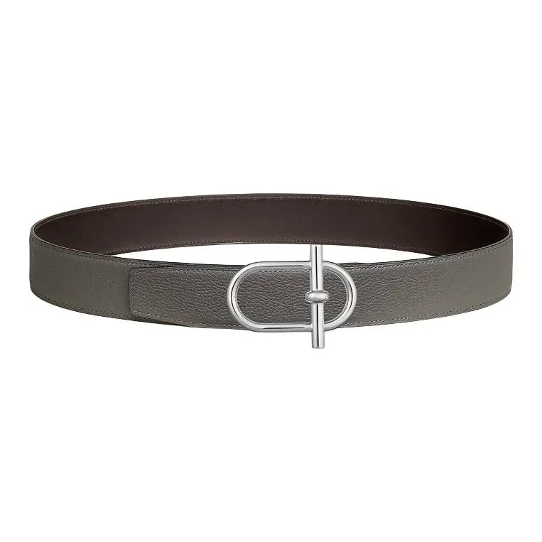 HERMES Calfskin, Metal, Palladium Plated Leather Belts Men's Brown 3.8CM-1