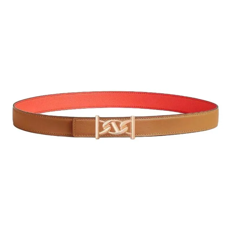 HERMES Rose Gold Plated, Metal, Calfskin Leather Belts Women's Red Width 2.4CM-1