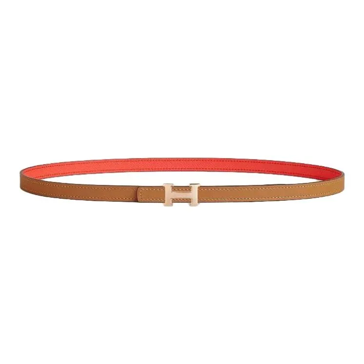 HERMES Calfskin, Metal, Rose Gold Plated Leather Belts Women's Brown Width 1.3CM-0