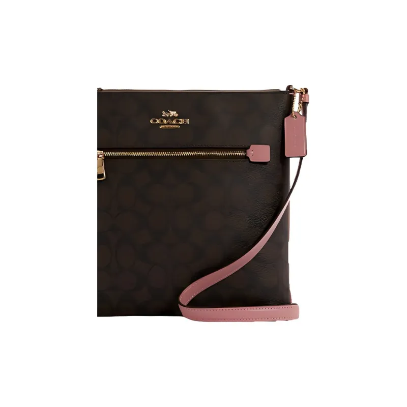 COACH Rowan PVC Document Bag Crossbody Bag Medium Size Women's Brown & Pastel Pink Shoulder Strap-3