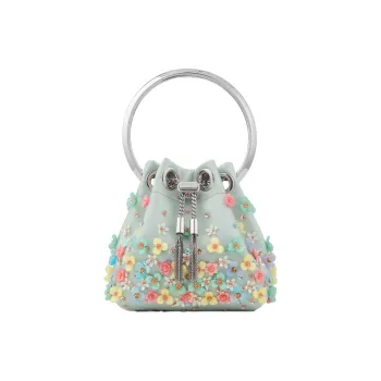 Jimmy Choo Micro Bon Satin Bucket Bag, One Shoulder Handbag Extra Mini Women's Light Green & Multicolor
