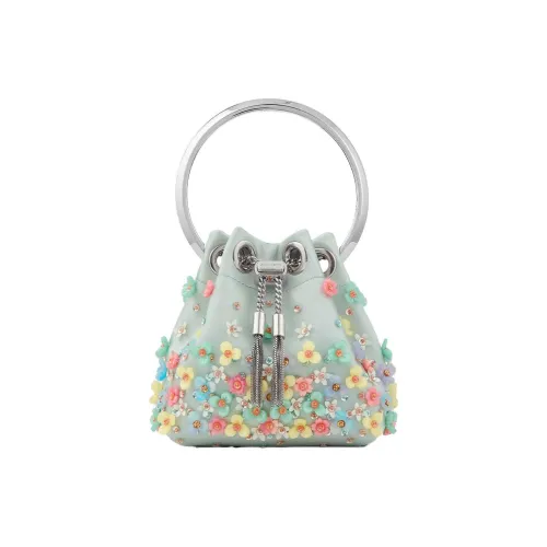 Jimmy Choo Micro Bon Satin Bucket Bag, One Shoulder Handbag Extra Mini Women's Light Green & Multicolor