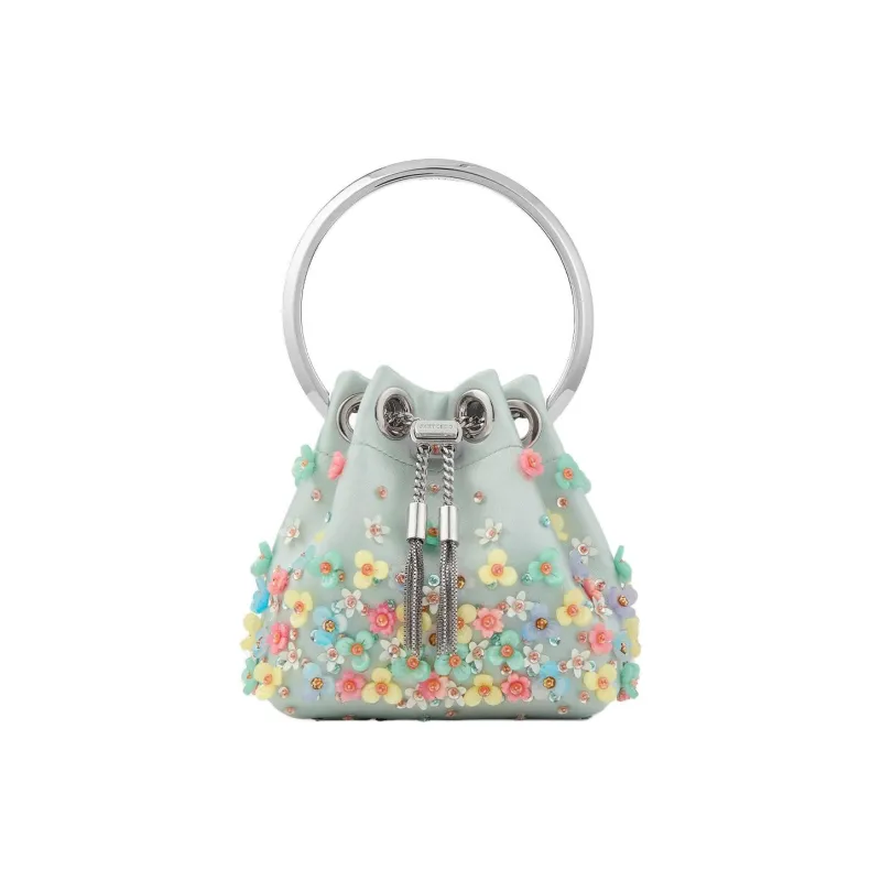 Jimmy Choo Micro Bon Satin Bucket Bag, One Shoulder Handbag Extra Mini Women's Light Green & Multicolor-0
