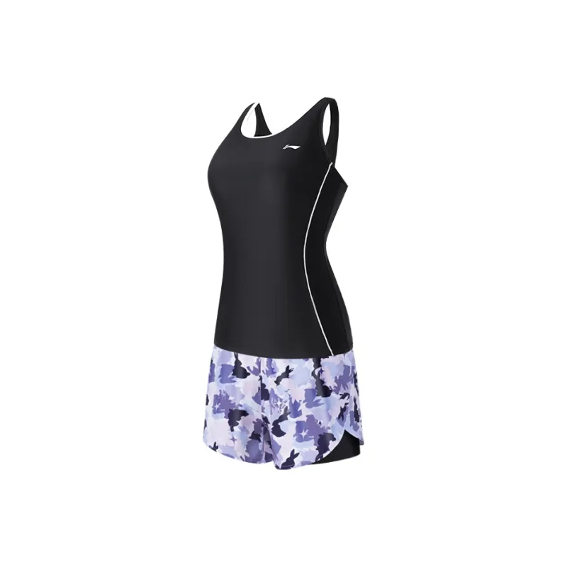 LiNing Two Piece Swimsuit Women's Elegant Black Purple Flower-0