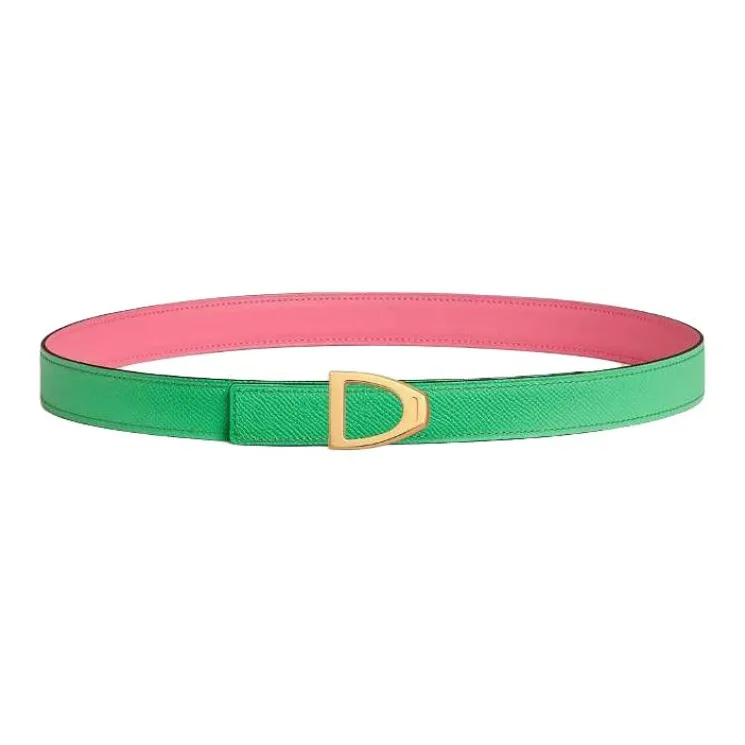 HERMES Gold Plated, Calfskin, Metal Leather Belts Women's Green Width 2.4CM-0