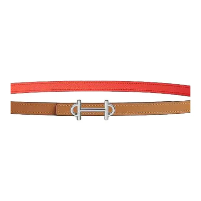 HERMES Palladium Plated Leather Belts Women's Brown Red Width 1.3CM-2