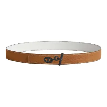 HERMES Calfskin Leather Belts Men's Gold/White Width 3.2CM