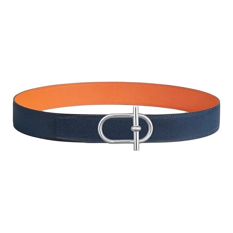 HERMES Calfskin Leather Belts Men's Blue Orange Width 3.8CM-1