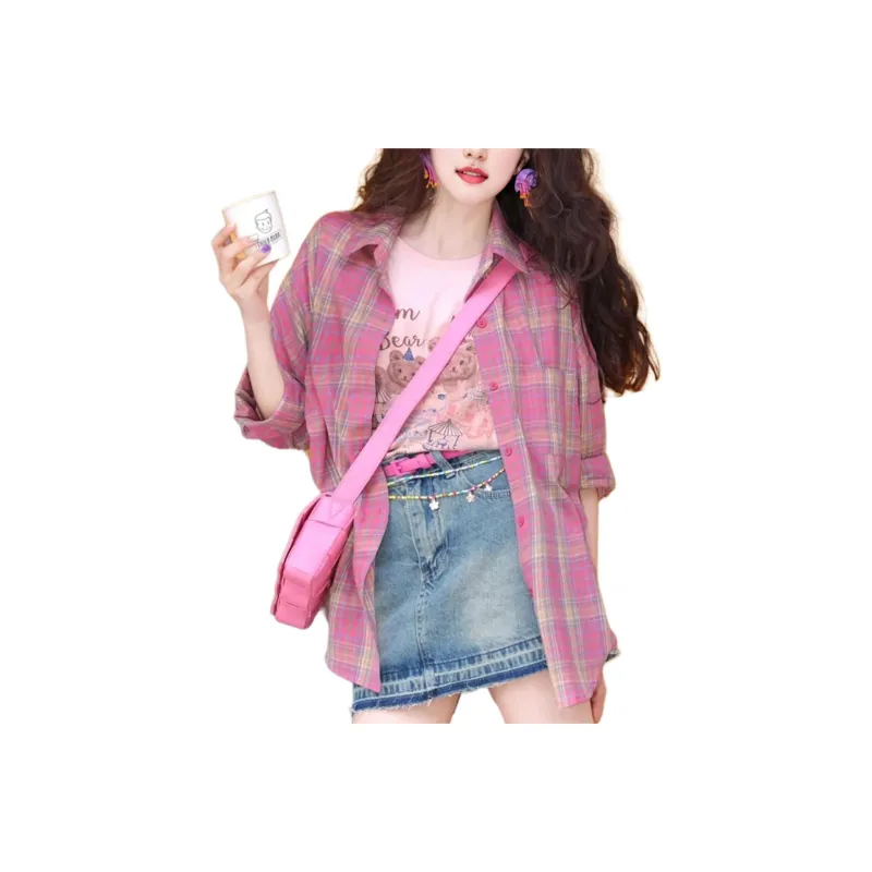 Wbwq Shirts Women's Pink Plaid-0