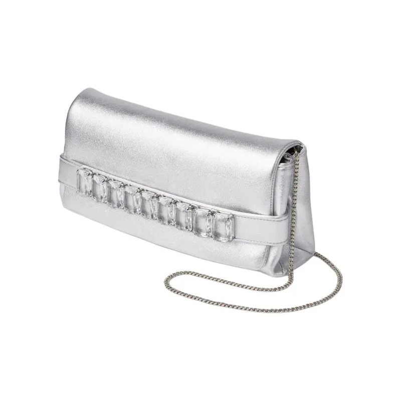 Jimmy Choo Leather One Shoulder Clutch Women's Silver-1