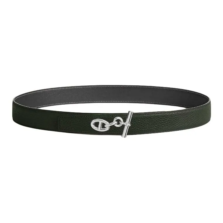HERMES Calfskin Leather Belts Men's Graphite/Dark Green Width 3.2CM-1