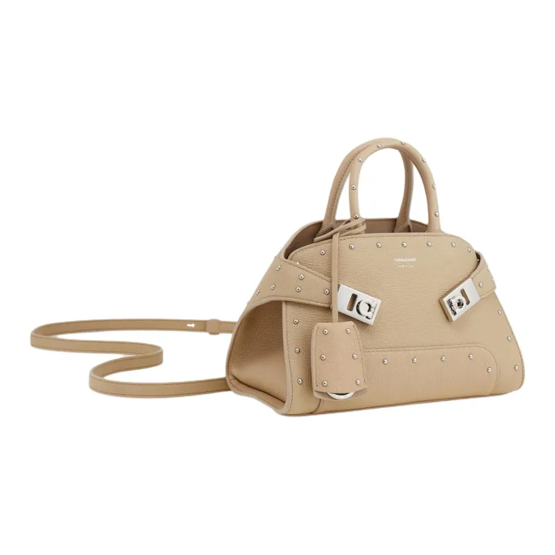 FERRAGAMO Hug Hammered Texture Calfskin Shoulder Bag, Crossbody Bag, Handbag Mini Women's Sandy-3