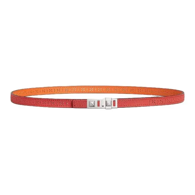 HERMES Calfskin, Palladium Plated, Leather, Metal Leather Belts Women's Orange Width 1.3CM-1