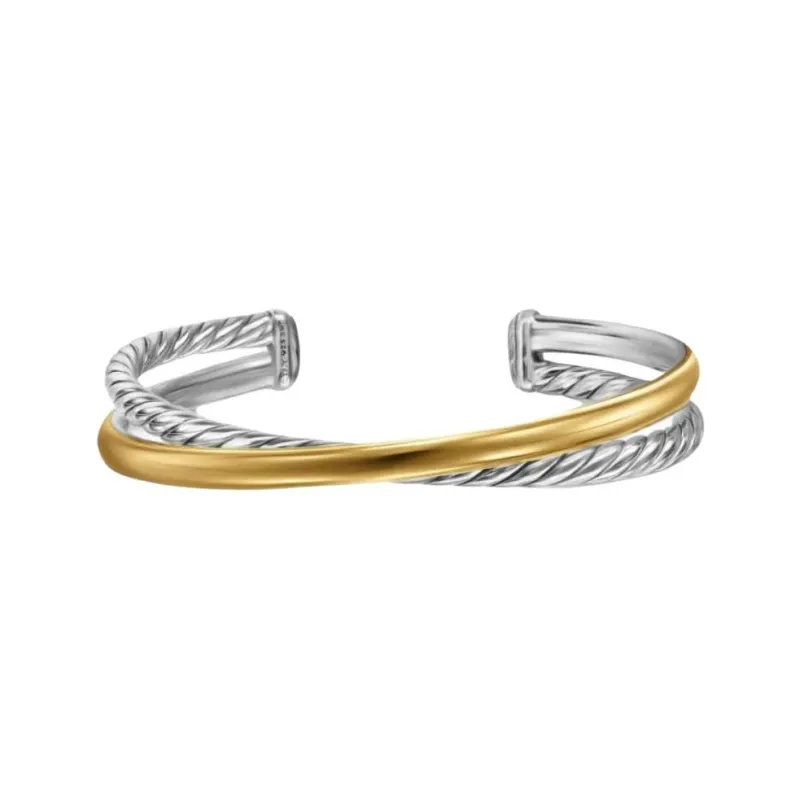 David Yurman 14kt Yellow Gold And Sterling Silver Crossover Two Row Cuff Bracelet 11mm-2