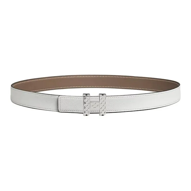 HERMES Calfskin Leather Belts Women's Taupe/White Width 2.4CM-1