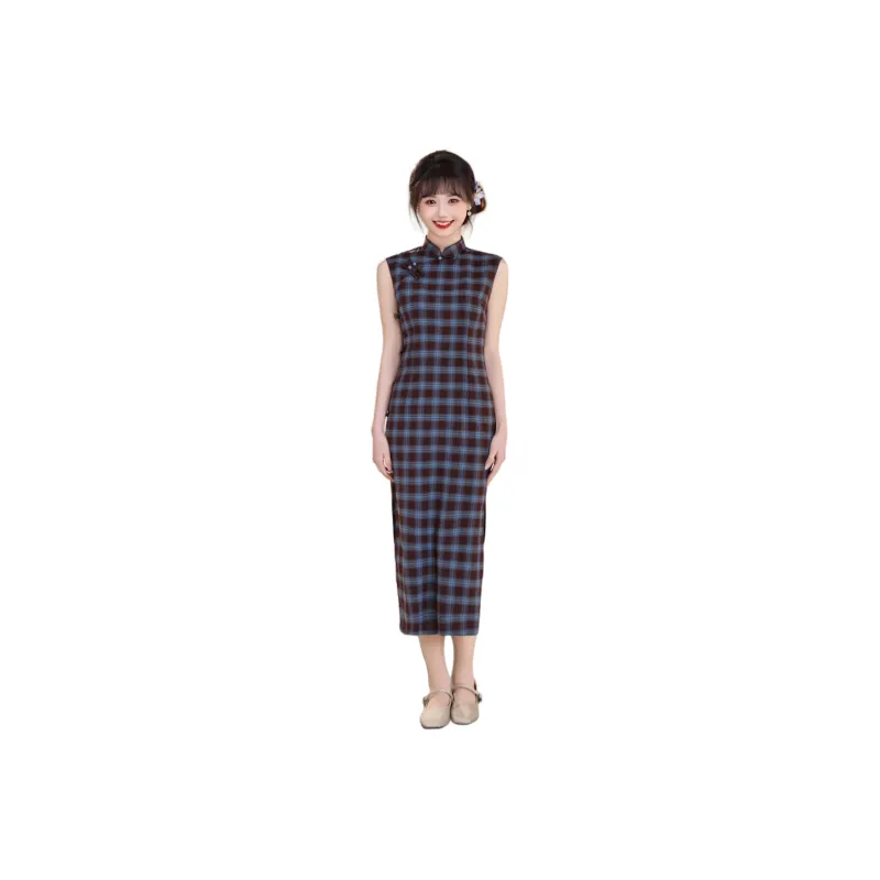 MJ Spring Summer Cheongsam Students Women's Blue Plaid-0