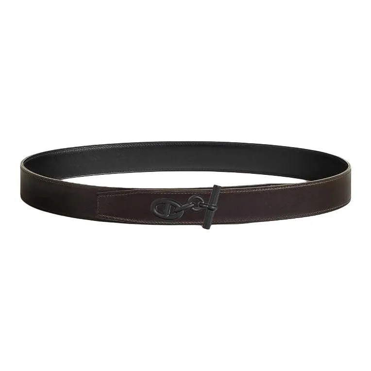 HERMES Calfskin Leather Belts Men's Black/Dark Brown Width 3.2CM-1