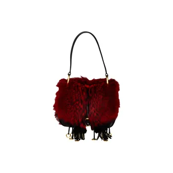 PRADA Leather Fringe Decoration Calfskin With Fox Leather Patchwork Handbag Shoulder Bag Women's Red/Black