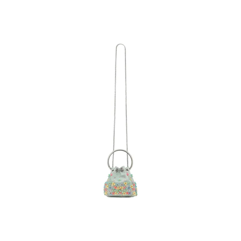 Jimmy Choo Micro Bon Satin Bucket Bag, One Shoulder Handbag Extra Mini Women's Light Green & Multicolor-1