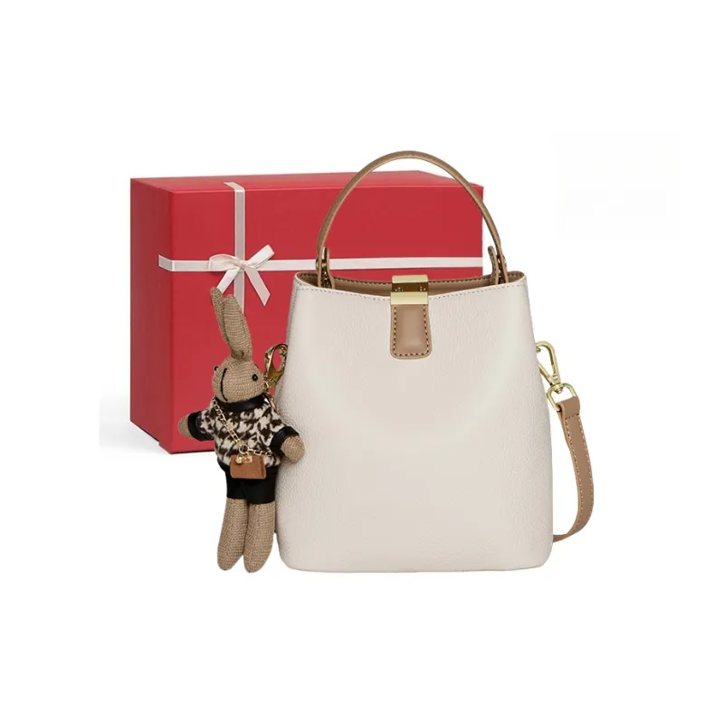 CNNCOO Cow Leather Bucket One Shoulder Handbag Women's Ecru-0