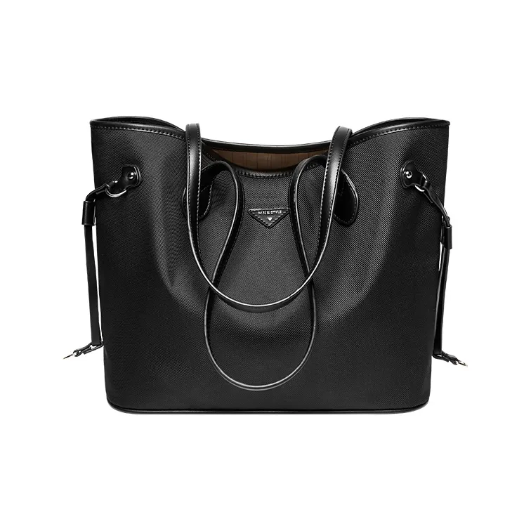 Narandu Fabric With Synthetic Leather Tote Bag Shoulder Bag Large Size Women's Khaki/Midnight Black-1
