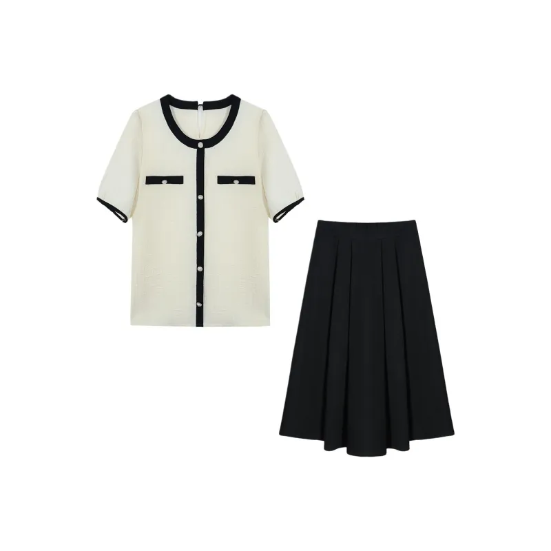 Still quiet Two Piece Skirt Sets Women's Beige+Black-0