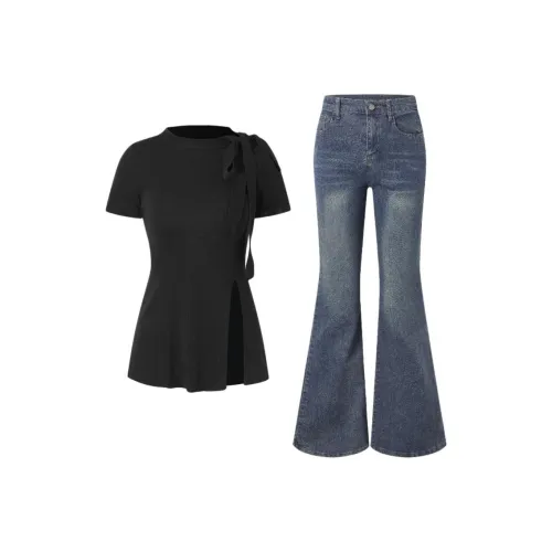 7 SEVFUN Casual Suits Women's Black Top+Blue Jeans