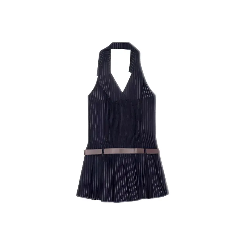 OZVO Sleeveless Dresses Women's Navy Blue+Belt-1