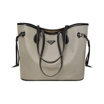 Narandu Fabric With Synthetic Leather Tote Bag Shoulder Bag Large Size Women's Khaki/Midnight Black