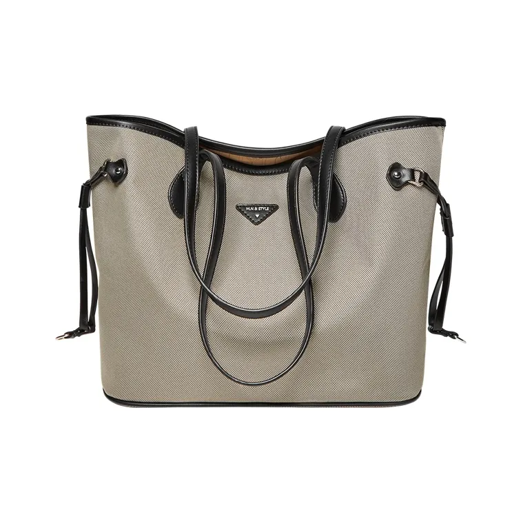 Narandu Fabric With Synthetic Leather Tote Bag Shoulder Bag Large Size Women's Khaki/Midnight Black-0