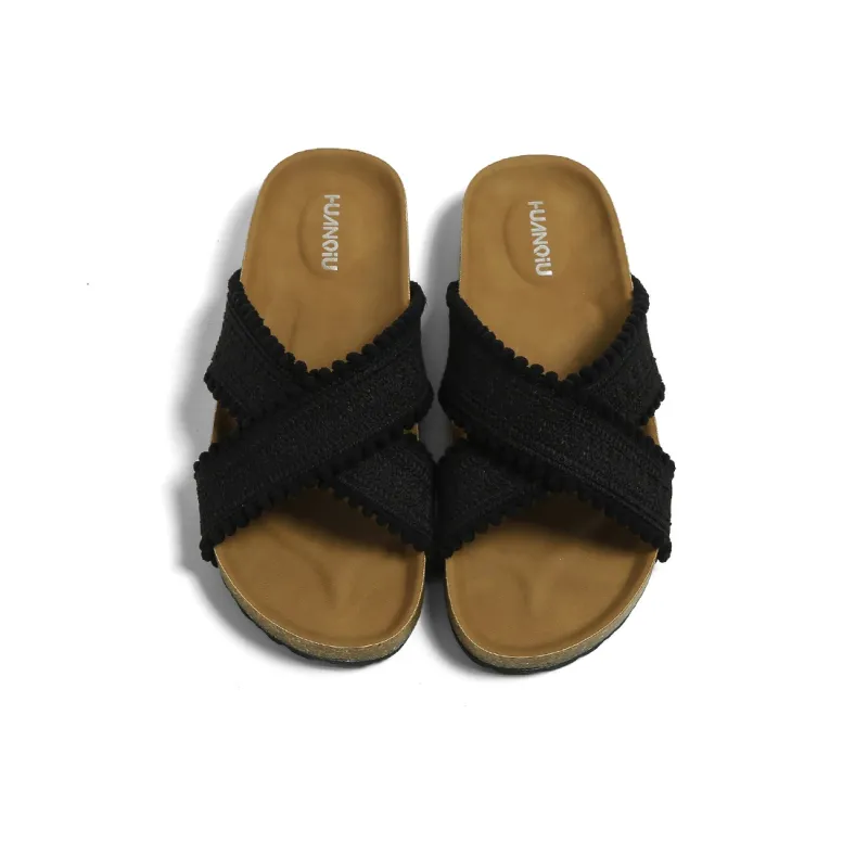 HUANQIU Slip Resistant Abrasion Resistant Slide Slippers Women's Black-4